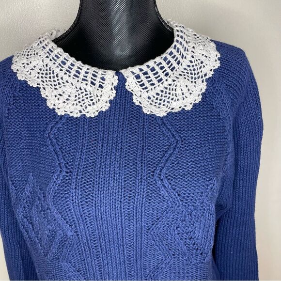 Nuggets Sweater Cable Knit Ivory Crochet Collar Cottage Coastal Blue Size Large - Picture 3 of 8